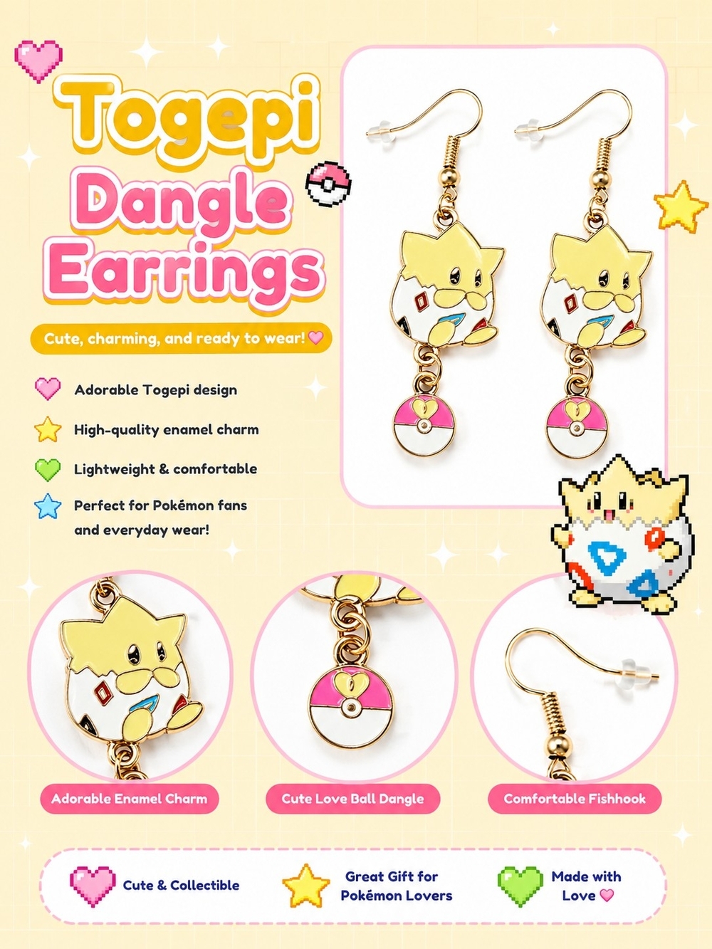 Togepi Dangle Earrings in Yellow & Gold with Pink Love Ball
